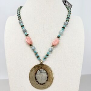 Chicos Medallion Necklace Brass Pendant Beaded Statement‎ New Boho